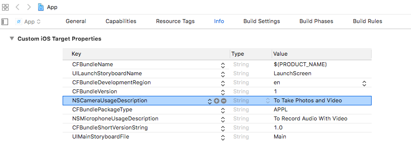 The Info.plist file in Xcode showing the NSCameraUsageDescription key added for camera access.